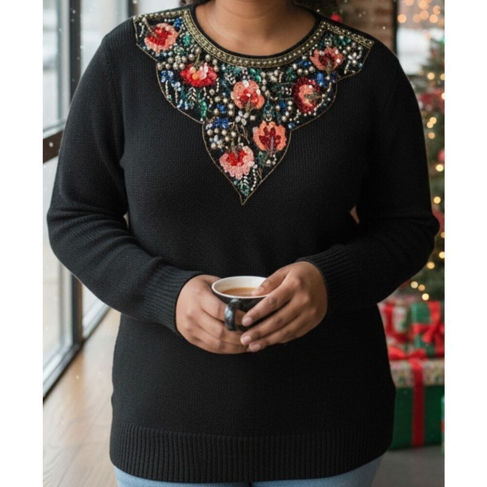 Victoria Harbour Embellished Sweater Size M Shoulder Pad Sequin Beaded Rhineston